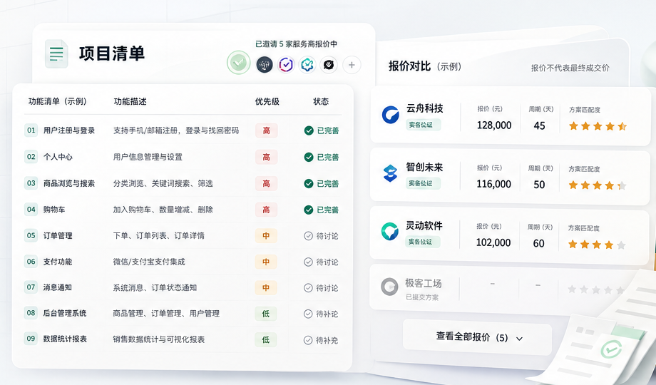 项目清单与多服务商报价对比示意